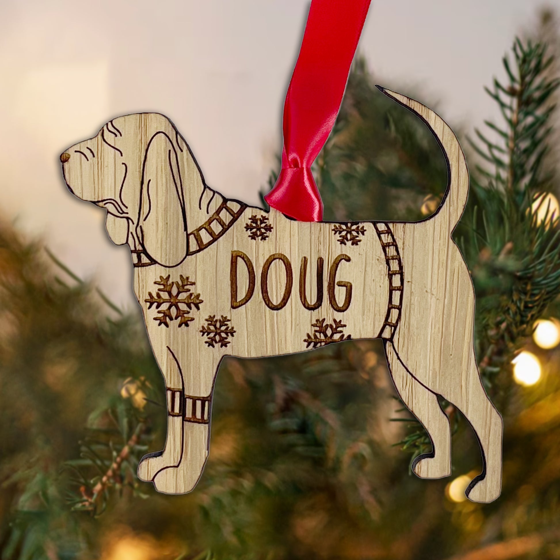 Personalised Blood Hound Bauble Jumper Dog Bauble - Oak Veneer Wood - Add any name
