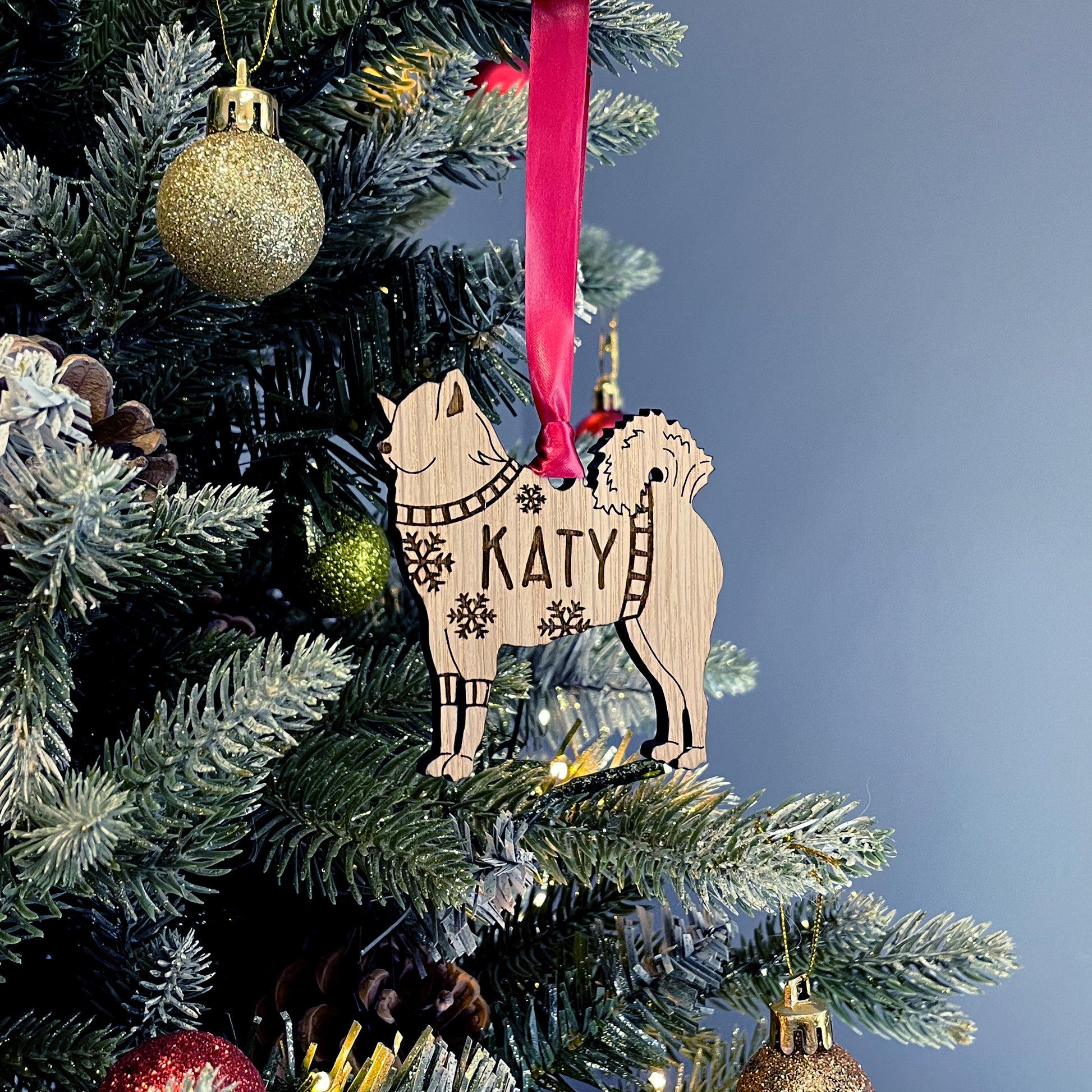 Personalised Eurasier Bauble Jumper Dog Bauble - Oak Veneer Wood - Add any name