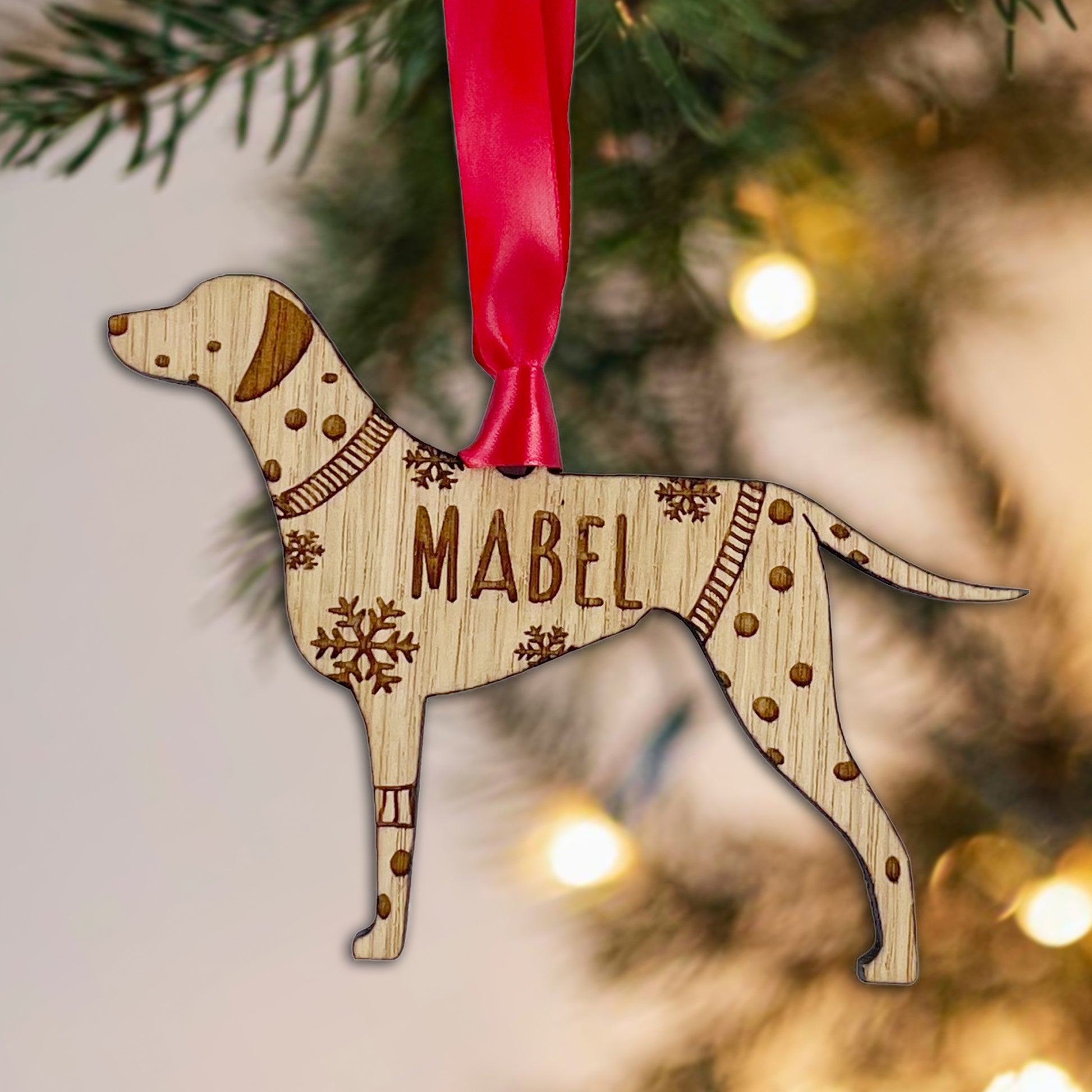 Personalised Dalmation Bauble Jumper Dog Bauble - Oak Veneer Wood - Add any name