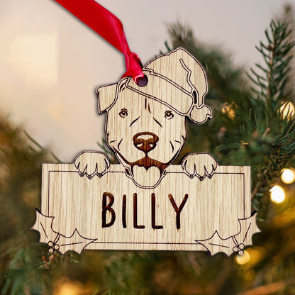 Personalised Staffy Dog Bauble - Peeking Dog - Oak Veneer Wood - Add your own name!