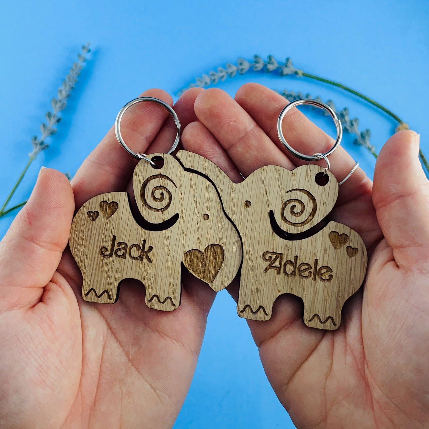 Personalised Elephant Keyrings - Add Names - Set of 2 - Valentines, Birthday, Anniversary 