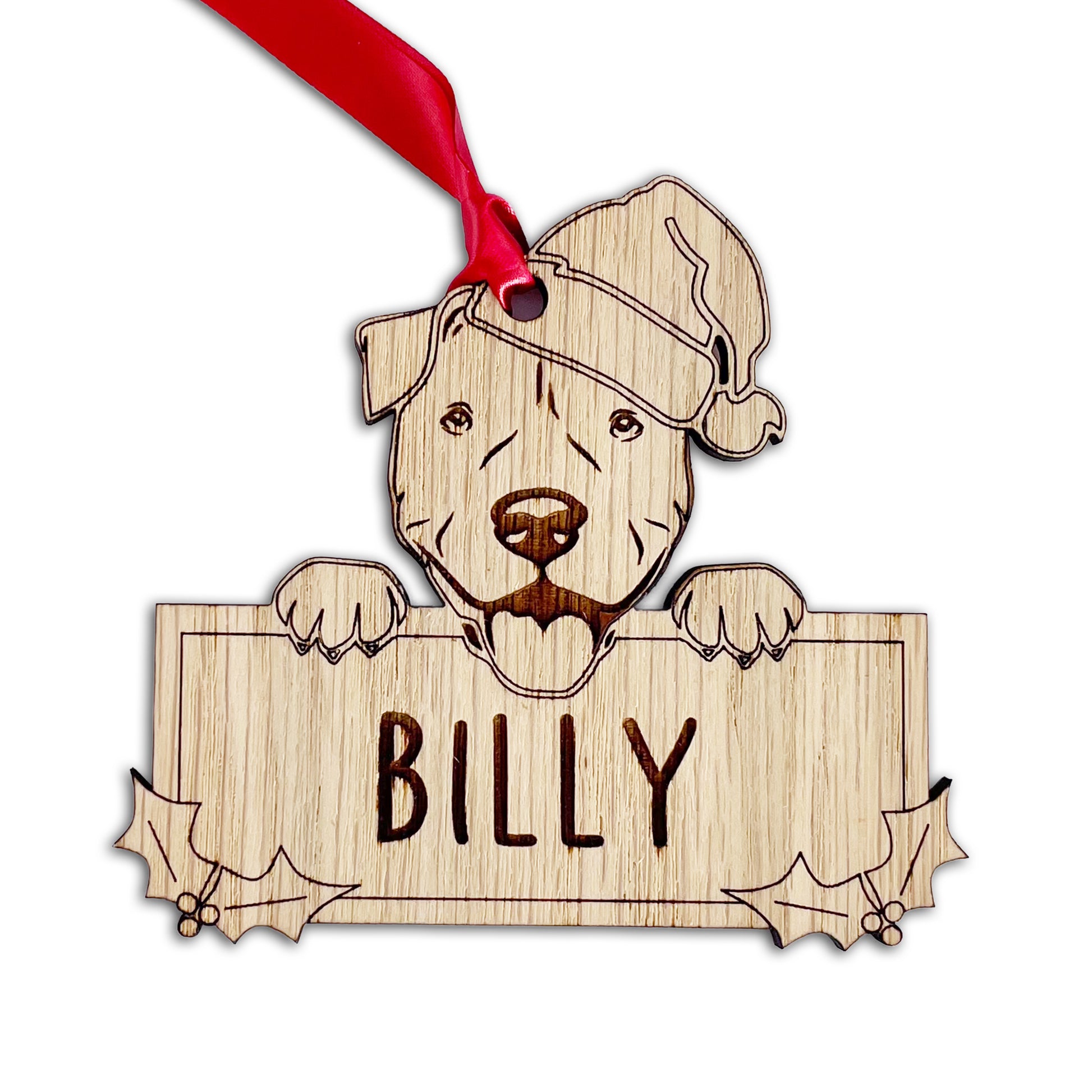 Personalised Staffy Dog Bauble - Peeking Dog - Oak Veneer Wood - Add your own name!