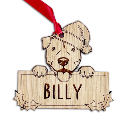 Personalised Staffy Dog Bauble - Peeking Dog - Oak Veneer Wood - Add your own name!