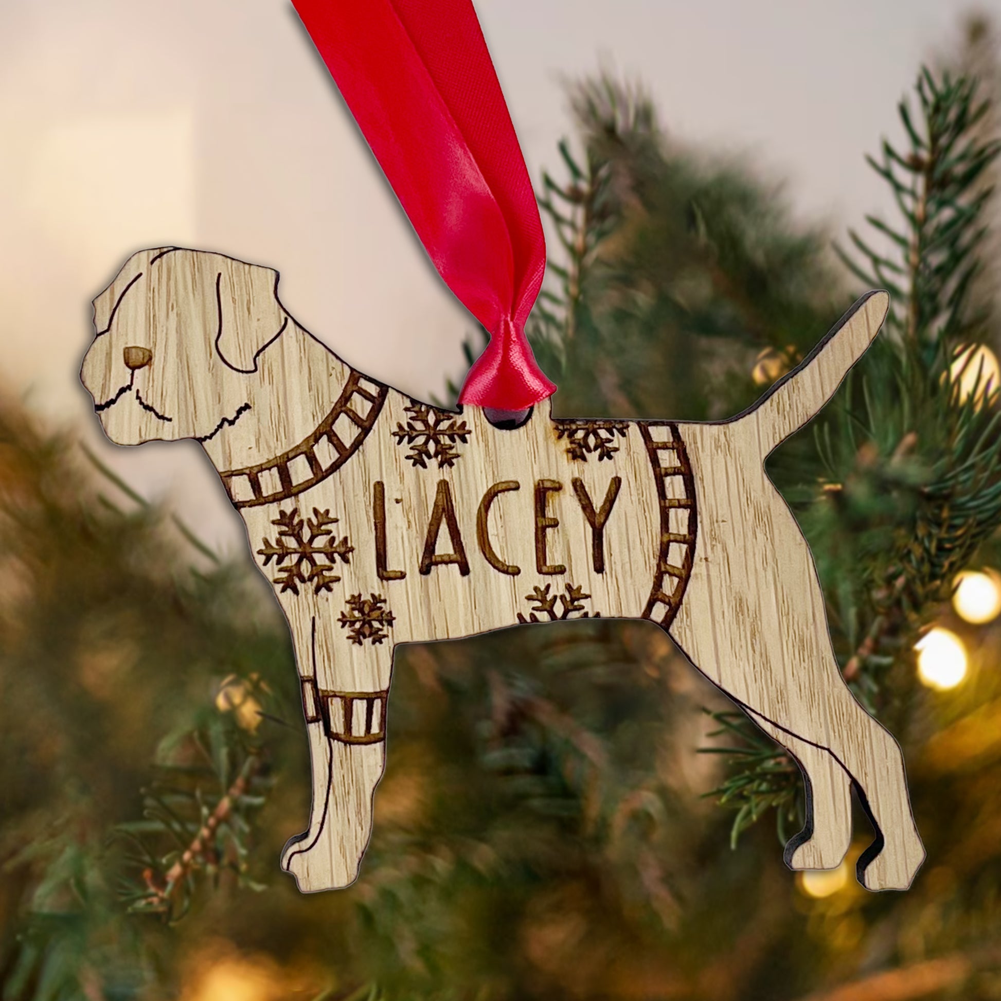 Personalised Border Terrier Bauble Jumper Dog Bauble - Oak Veneer Wood - Add any name