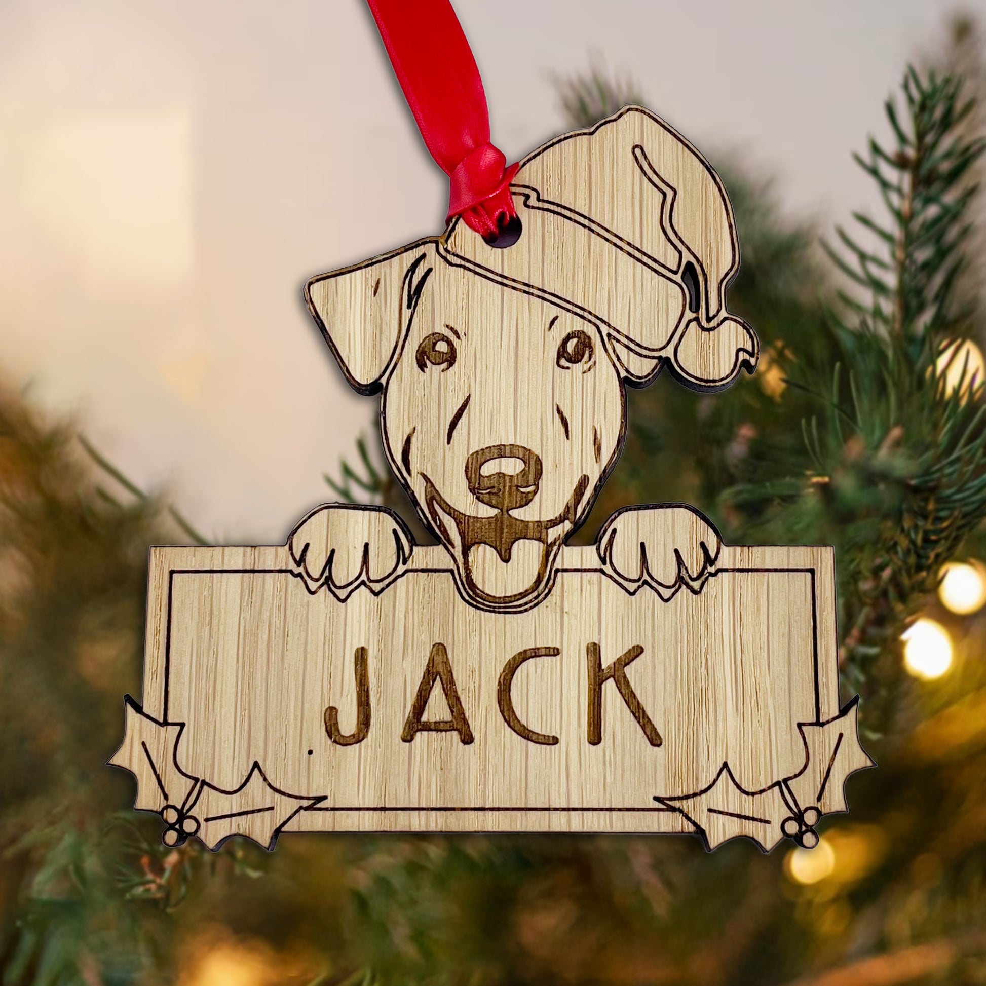 Personalised Jack Russell Dog Bauble - Peeking Dog - Oak Veneer Wood - Add your own name!