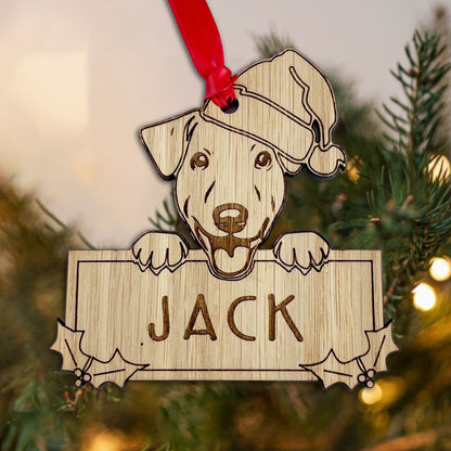 Personalised Jack Russell Dog Bauble - Peeking Dog - Oak Veneer Wood - Add your own name!