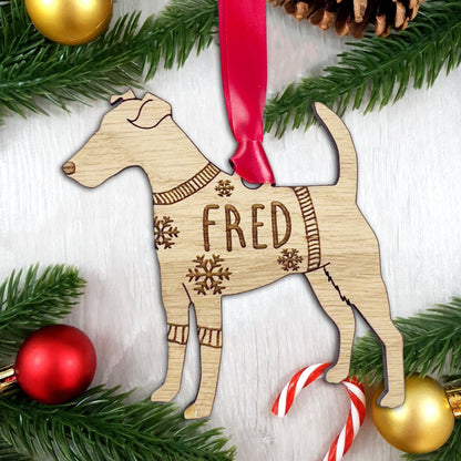 Personalised Fox Terrier Bauble Jumper Dog Bauble - Oak Veneer Wood - Add any name