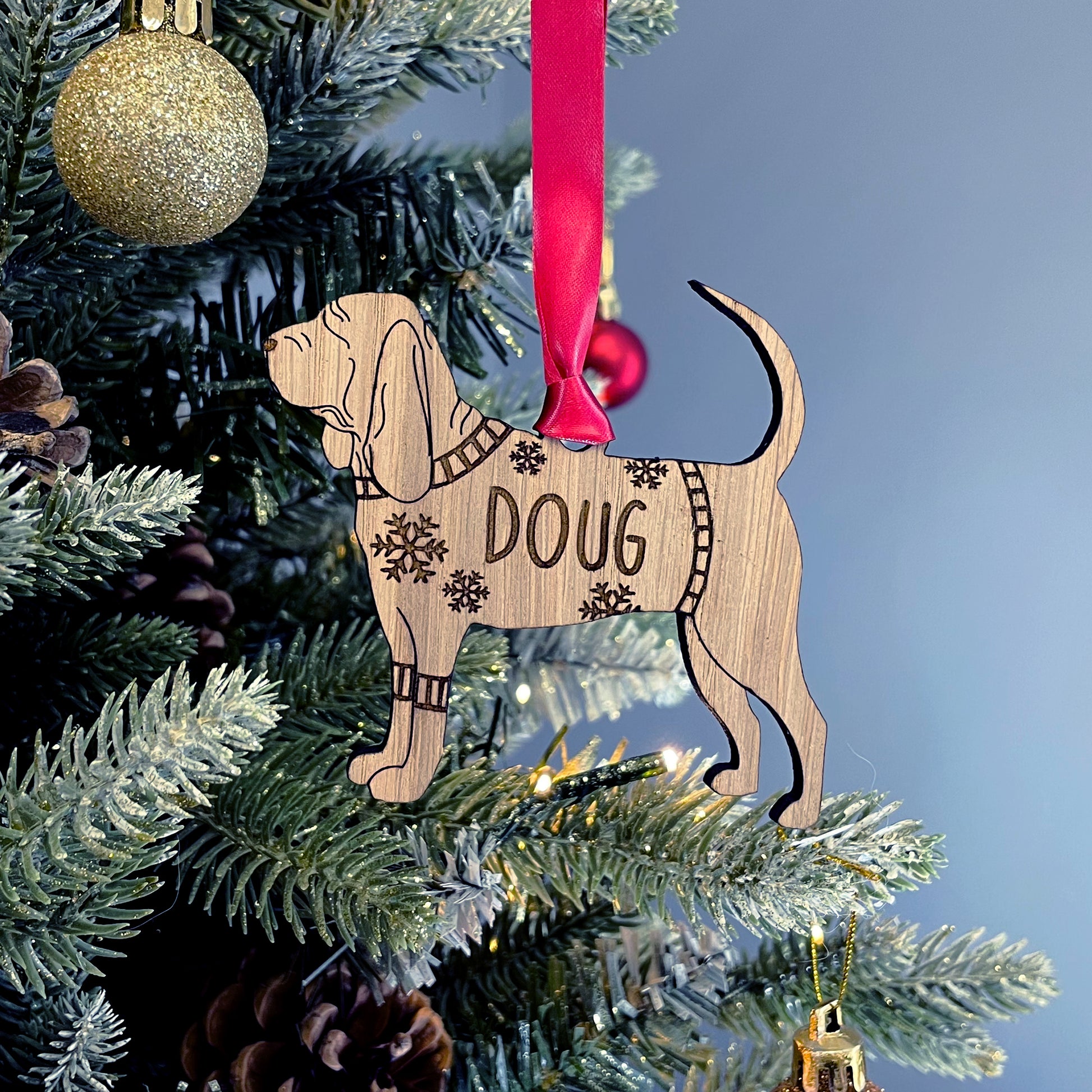 Personalised Blood Hound Bauble Jumper Dog Bauble - Oak Veneer Wood - Add any name