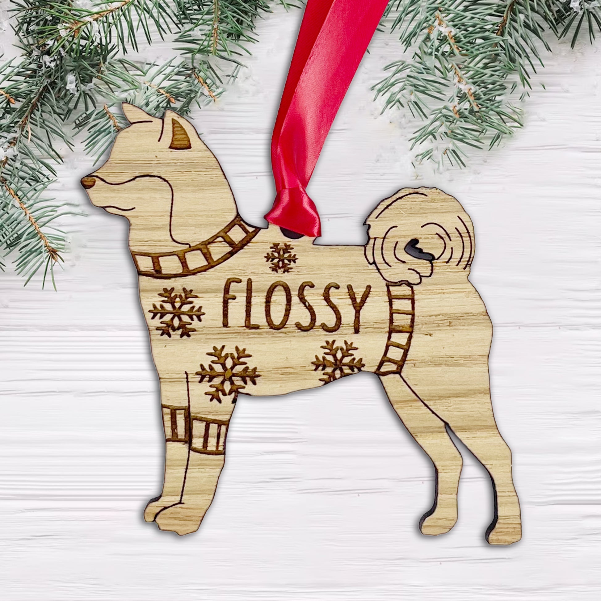 Personalised Akita Bauble Jumper Dog Bauble - Oak Veneer Wood - Add any name