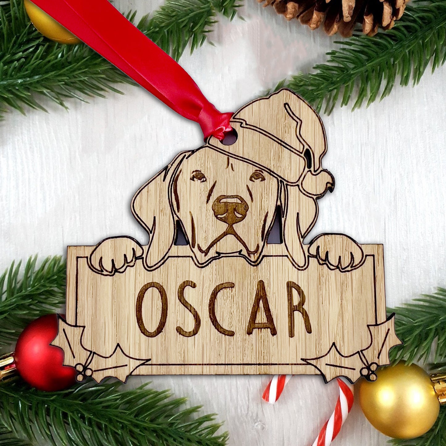 Personalised Hungarian Vizla Dog Bauble - Peeking Dog - Oak Veneer Wood - Add your own name!