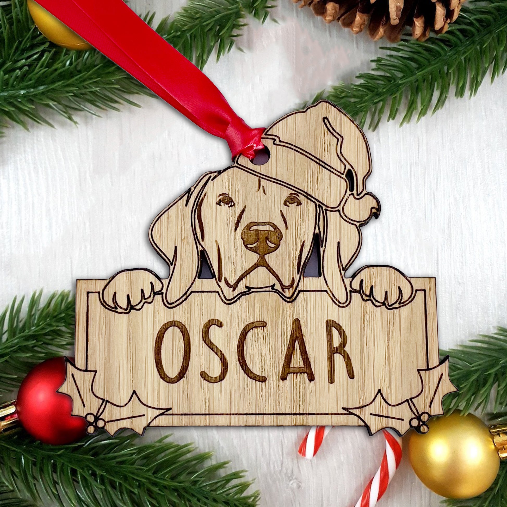 Personalised Hungarian Vizla Dog Bauble - Peeking Dog - Oak Veneer Wood - Add your own name!