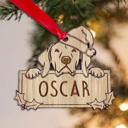 Personalised Hungarian Vizla Dog Bauble - Peeking Dog - Oak Veneer Wood - Add your own name!