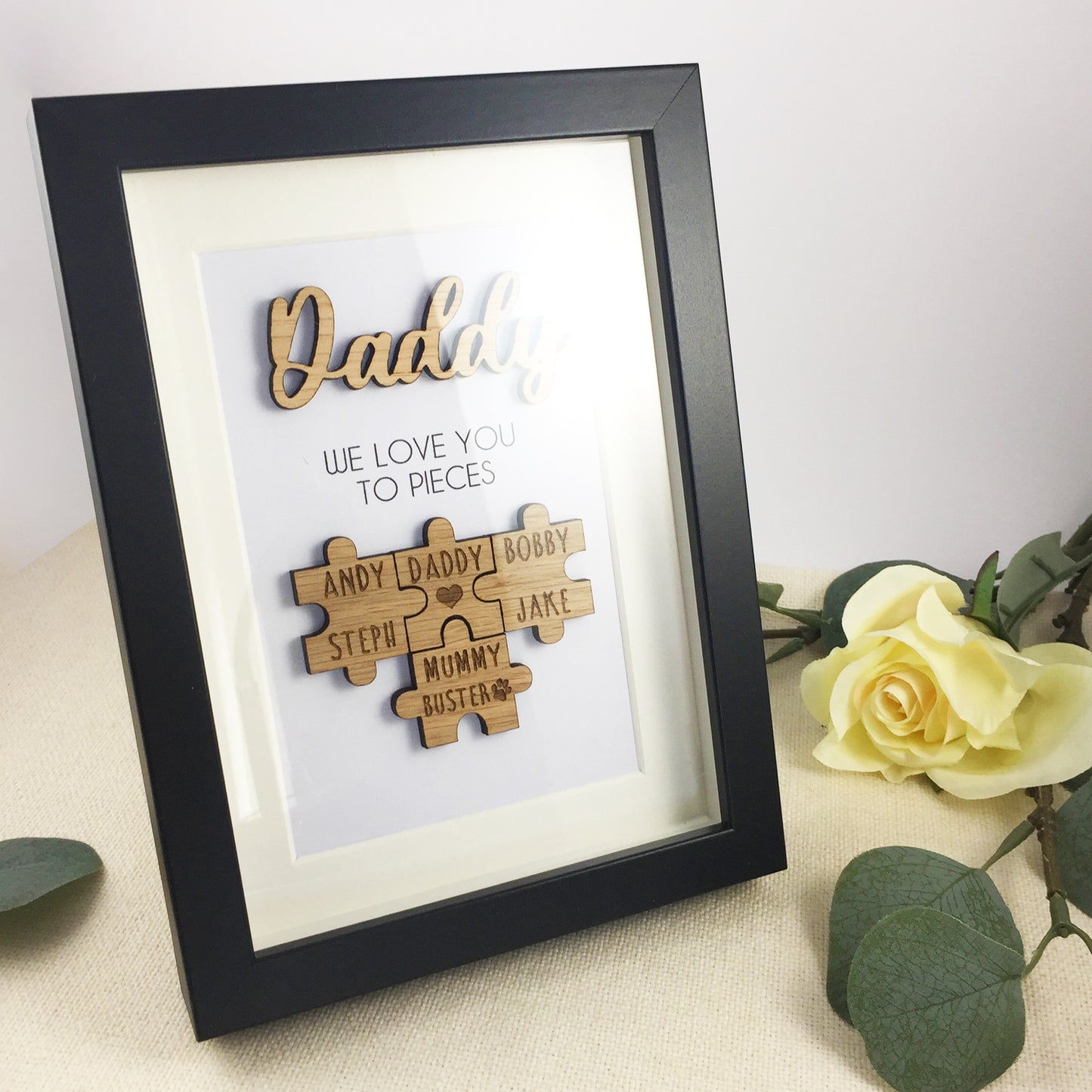 Personalised Dad / Daddy 'We Love You To Pieces' Wooden Fathers Day Christmas Birthday Puzzle Pieces Family Box Frame Add your family names