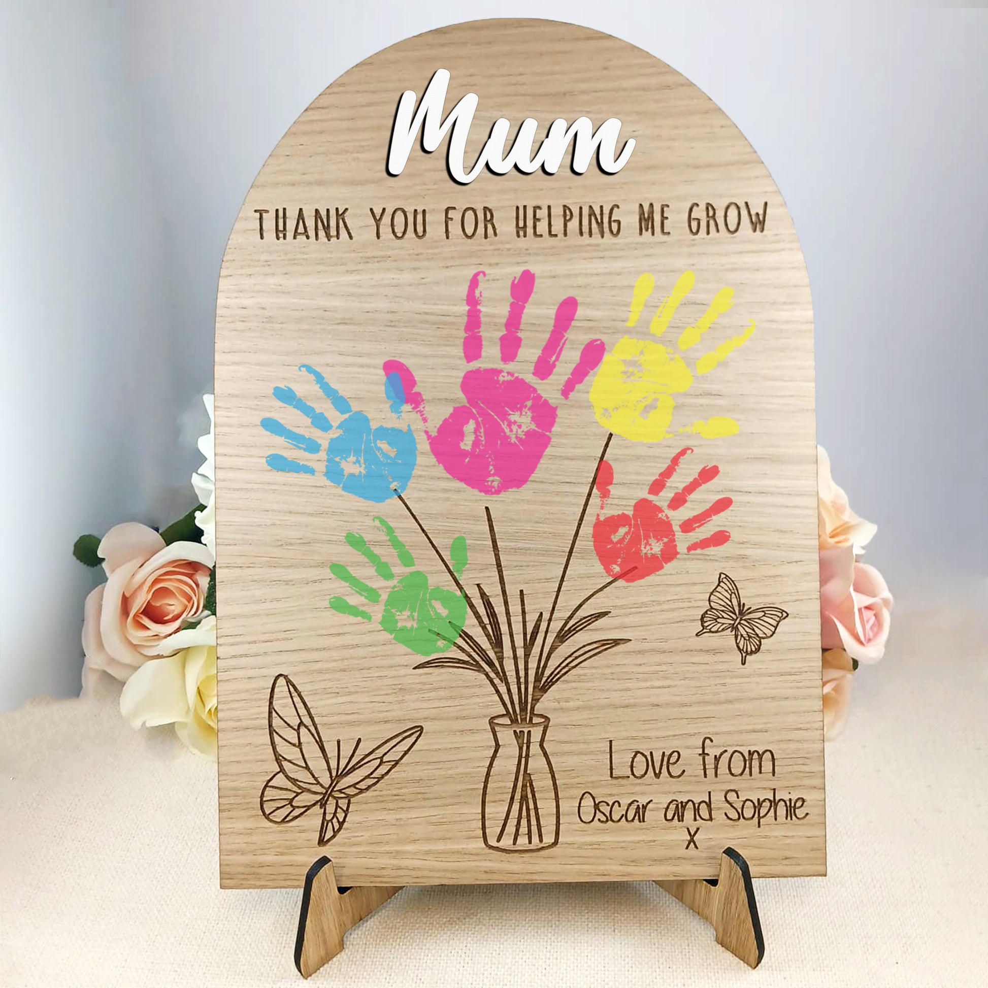 Personalised Mum Handprint Plaque, Thank You For Helping Me Grow Wooden Gift, Mother’s Day Present from Kids, Mum Birthday Keepsake Sign