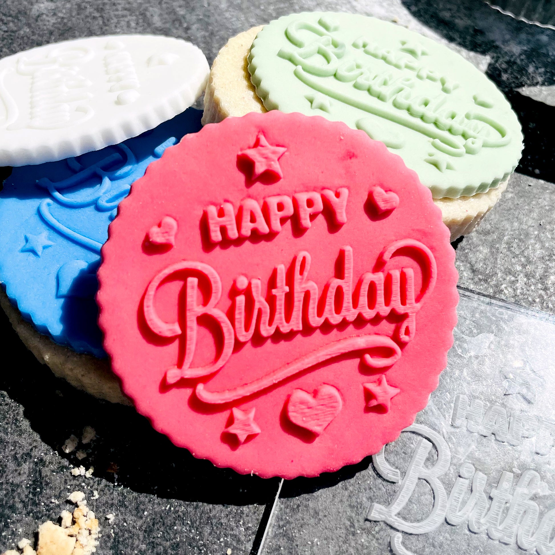 Happy Birthday Stars and Hearts Icing Stamp Embosser Stamp Fondant for Biscuits, Cookies, Cupcake Topper Decorations Stencil for Birthdays