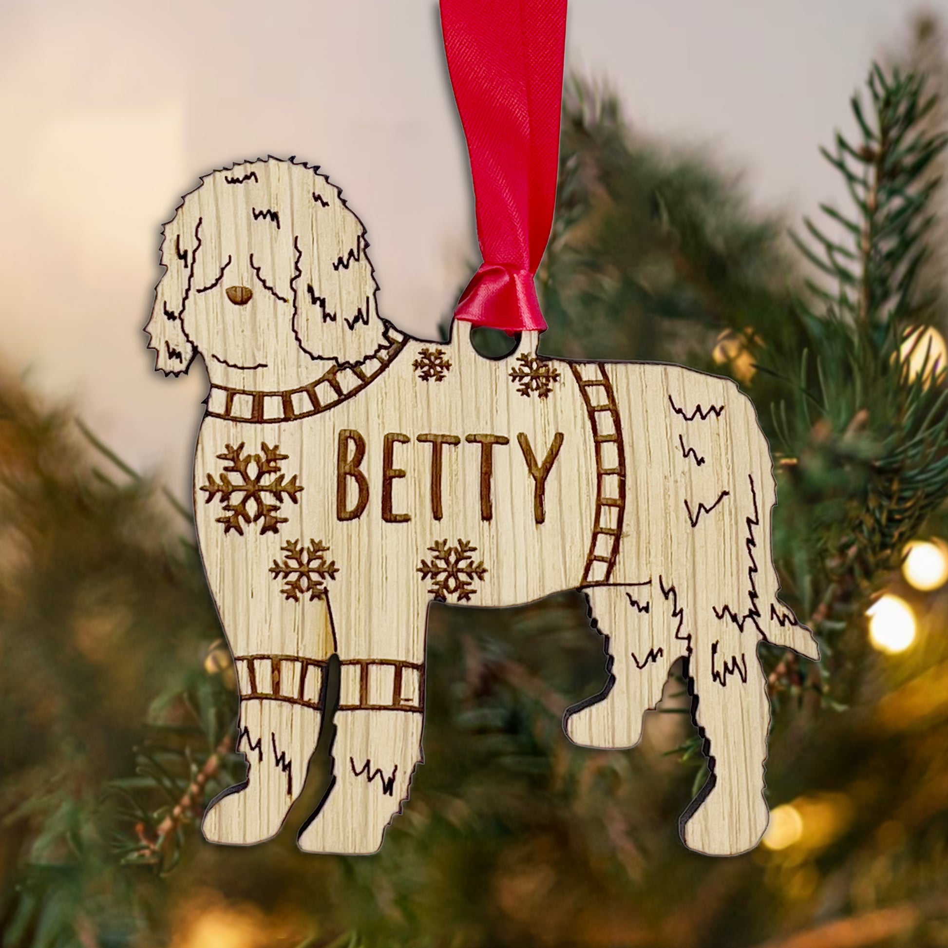 Personalised Berbet Bauble Jumper Dog Bauble - Oak Veneer Wood - Add any name