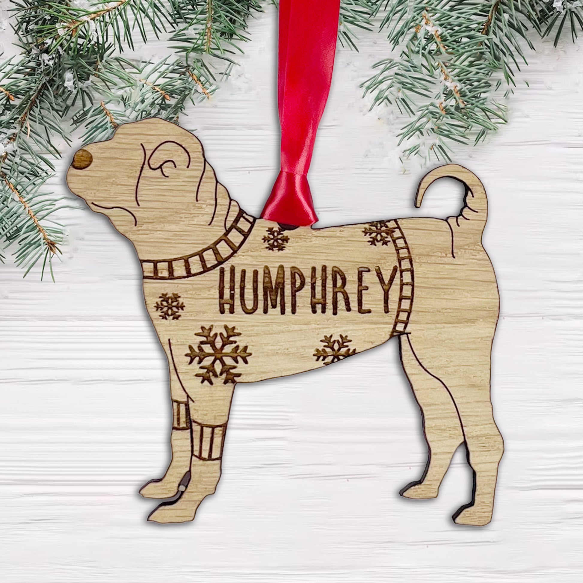 Personalised Chinese Shar-Pei Bauble Jumper Dog Bauble - Oak Veneer Wood - Add any name
