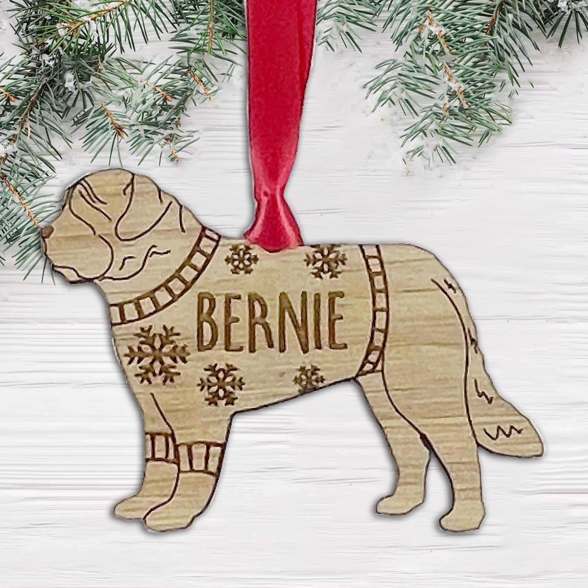 Personalised St Bernard Bauble Jumper Dog Bauble - Oak Veneer Wood - Add any name