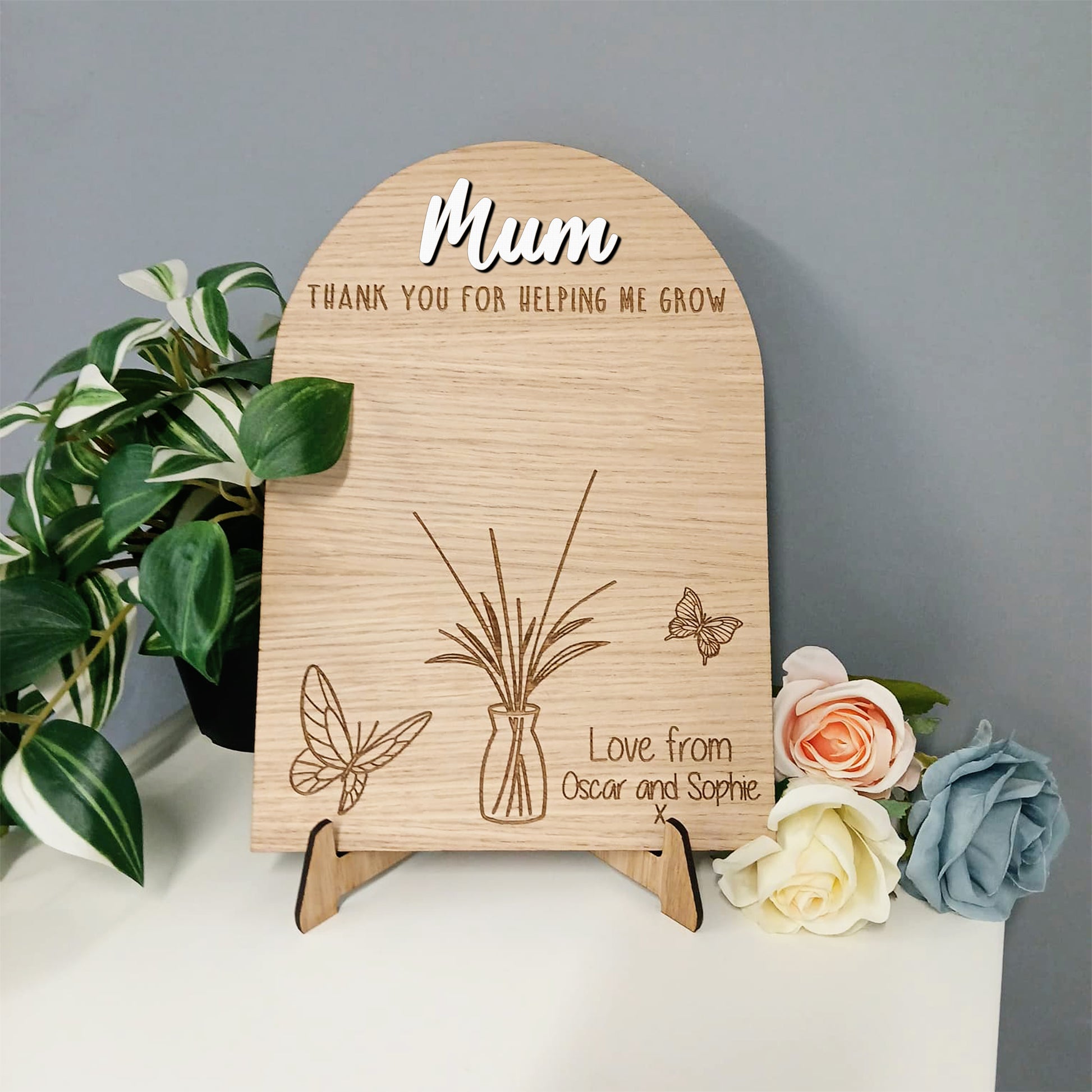 Personalised Mum Handprint Plaque, Thank You For Helping Me Grow Wooden Gift, Mother’s Day Present from Kids, Mum Birthday Keepsake Sign