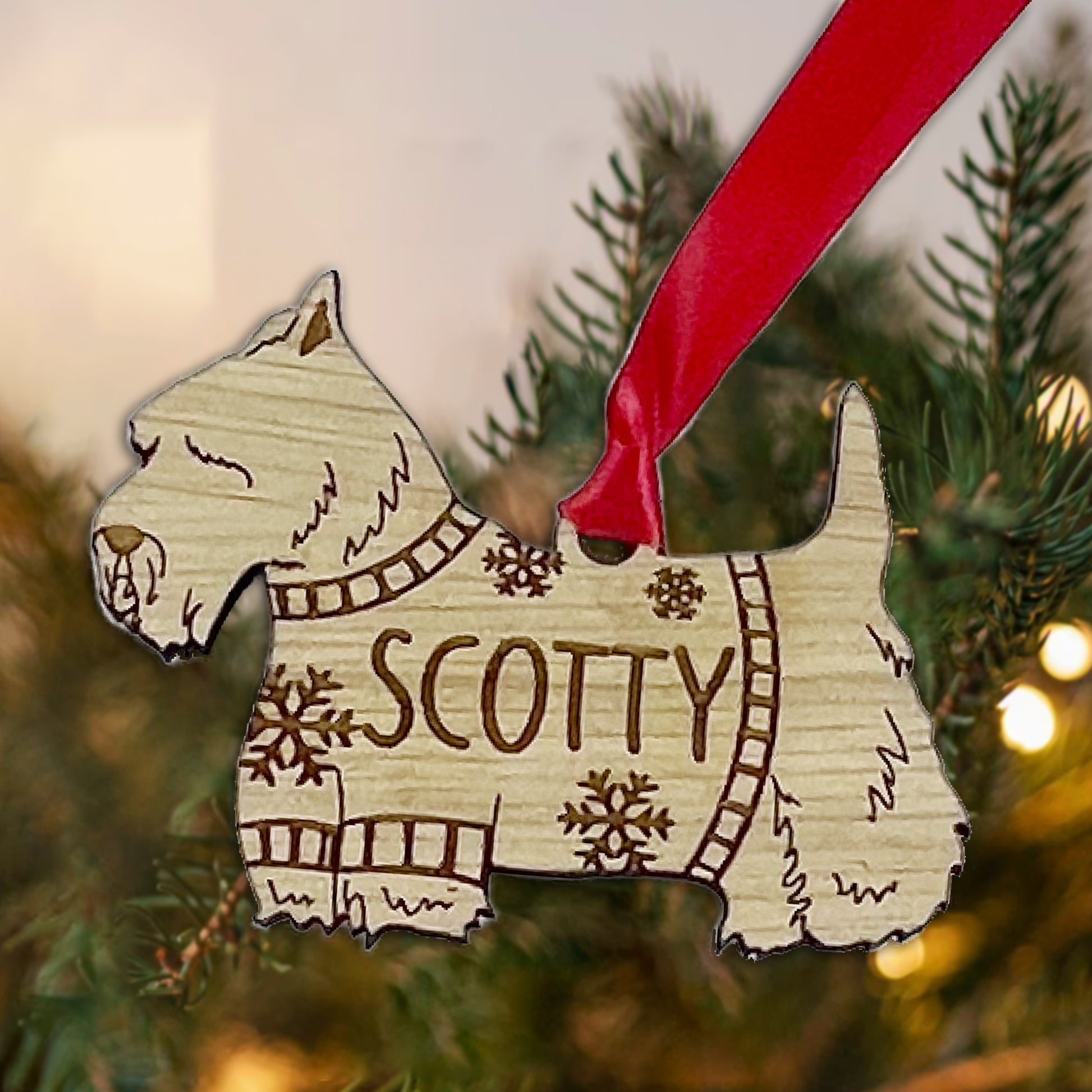 Personalised Scottie Bauble Jumper Dog Bauble - Oak Veneer Wood - Add any name