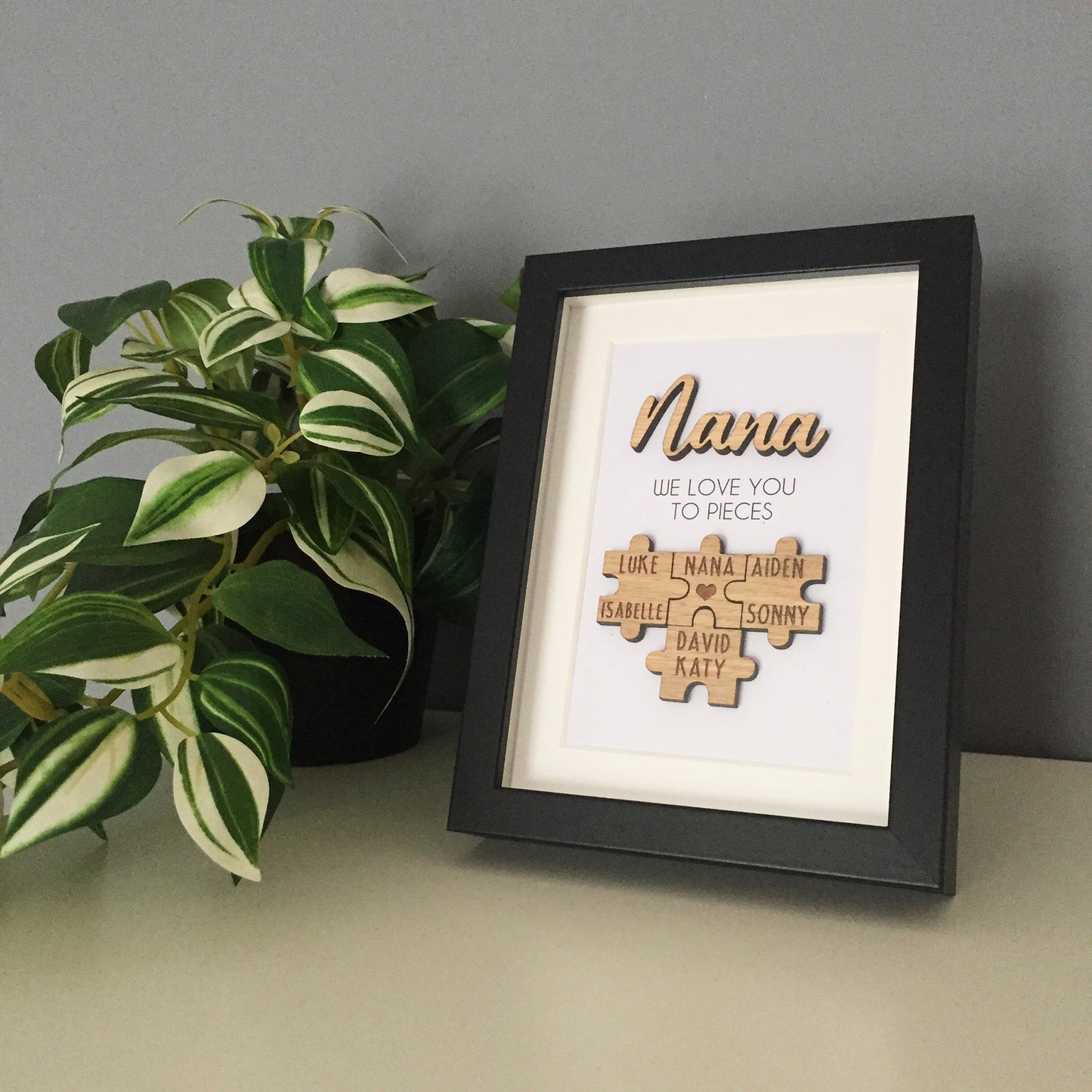 Personalised Grandma / Nana 'We Love You To Pieces' Wooden Mothers Day Christmas Birthday Puzzle Pieces Family Box Frame Add family names