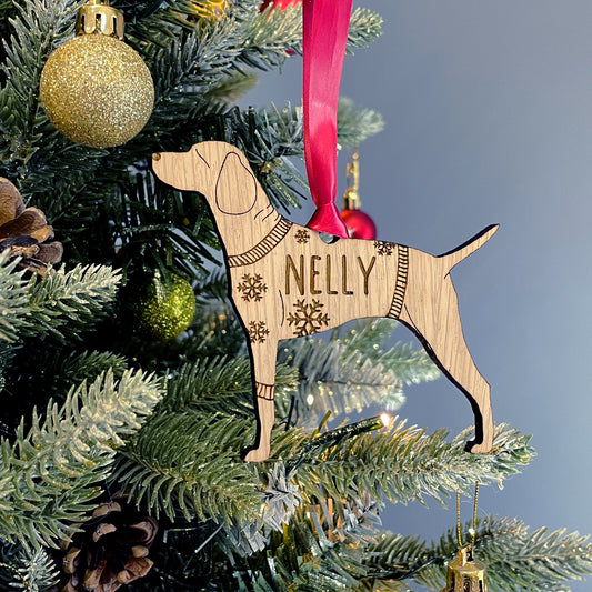 Personalised Hungarian Vizsla Bauble Jumper Dog Bauble - Oak Veneer Wood - Add any name