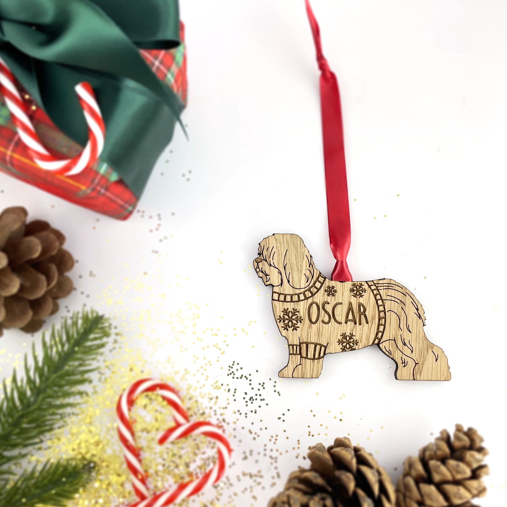 Personalised English Sheepdog Bauble Jumper Dog Bauble - Oak Veneer Wood - Add any name