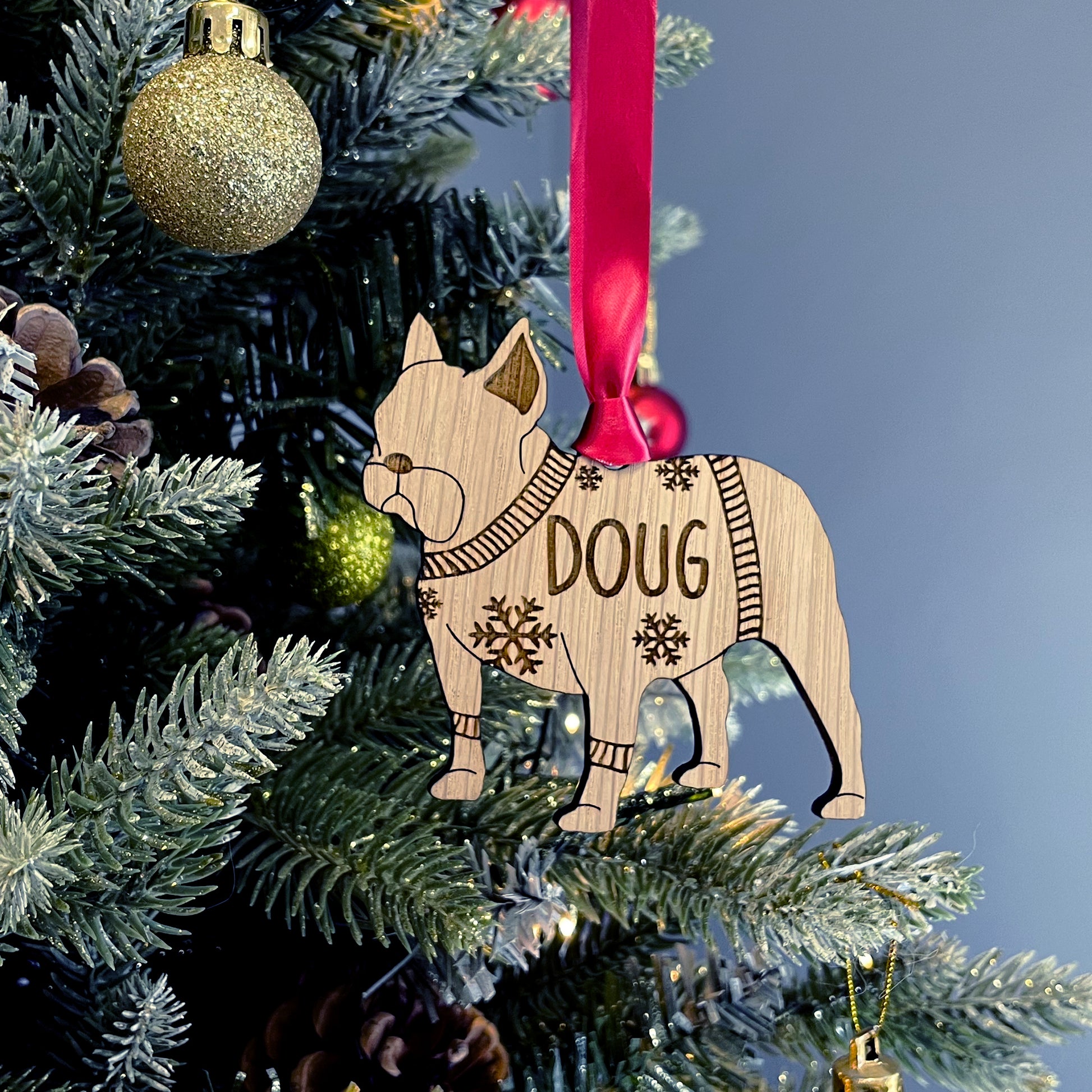 Personalised French Bulldog Bauble Jumper Dog Bauble - Oak Veneer Wood - Add any name