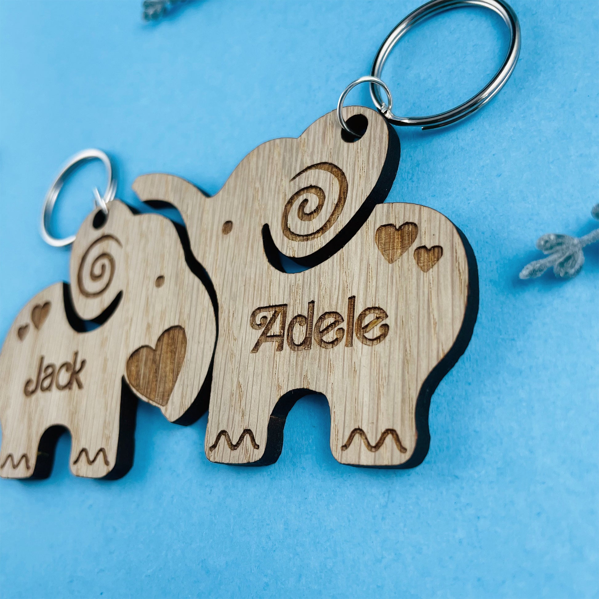 Personalised Elephant Keyrings - Add Names - Set of 2 - Valentines, Birthday, Anniversary 