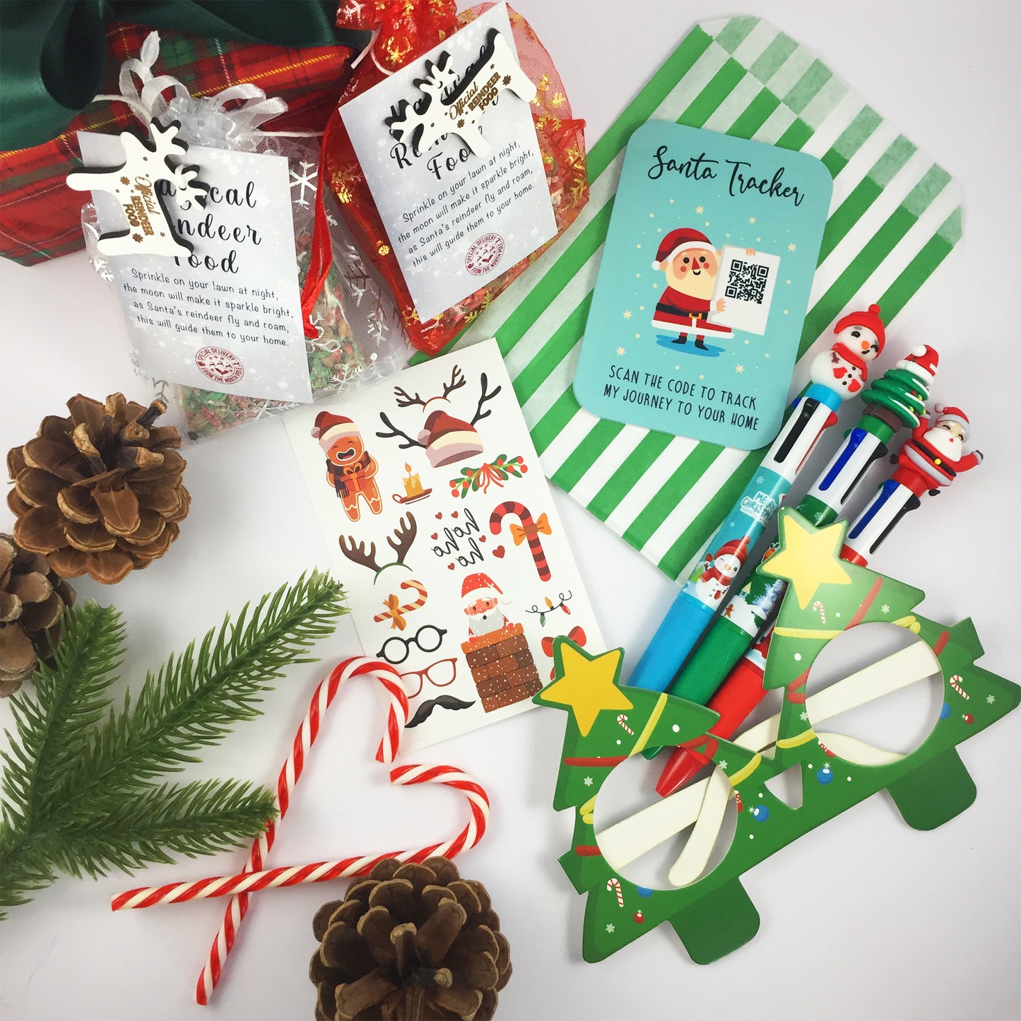 Christmas Eve Activity Pack - Reindeer Food, Santa Tracker, Pen, Tattoos, Glasses Xmas for Kids