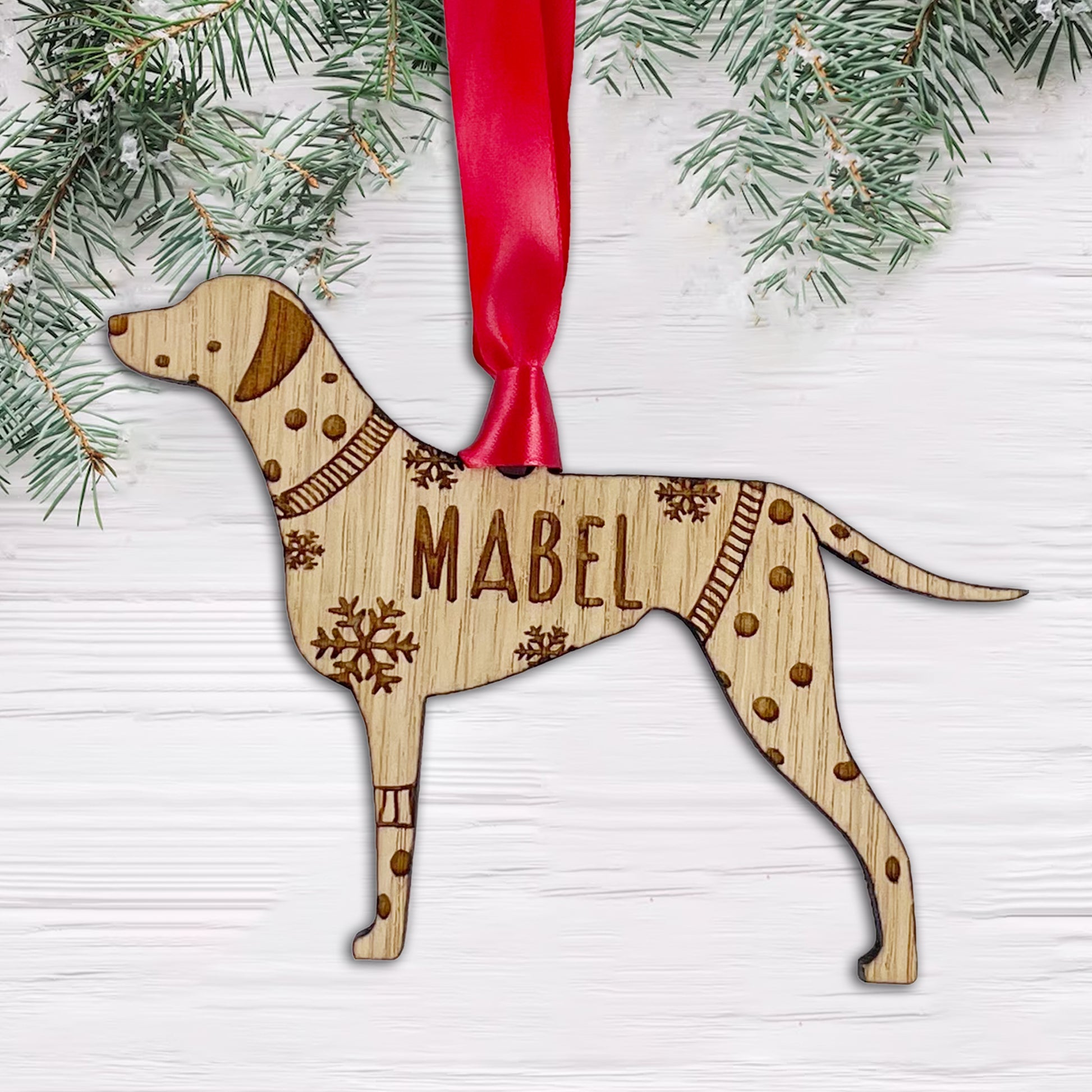Personalised Dalmation Bauble Jumper Dog Bauble - Oak Veneer Wood - Add any name