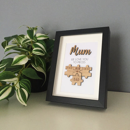 Personalised Mum / Mummy 'We Love You To Pieces' Wooden Mothers Day Christmas Birthday Puzzle Pieces Family Box Frame Add your family names