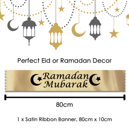 Ramadan Mubarak Banner | Eid Decoration | Satin Ribbon Islamic Decor | Eid Ramadan Home Banner | Moon Star