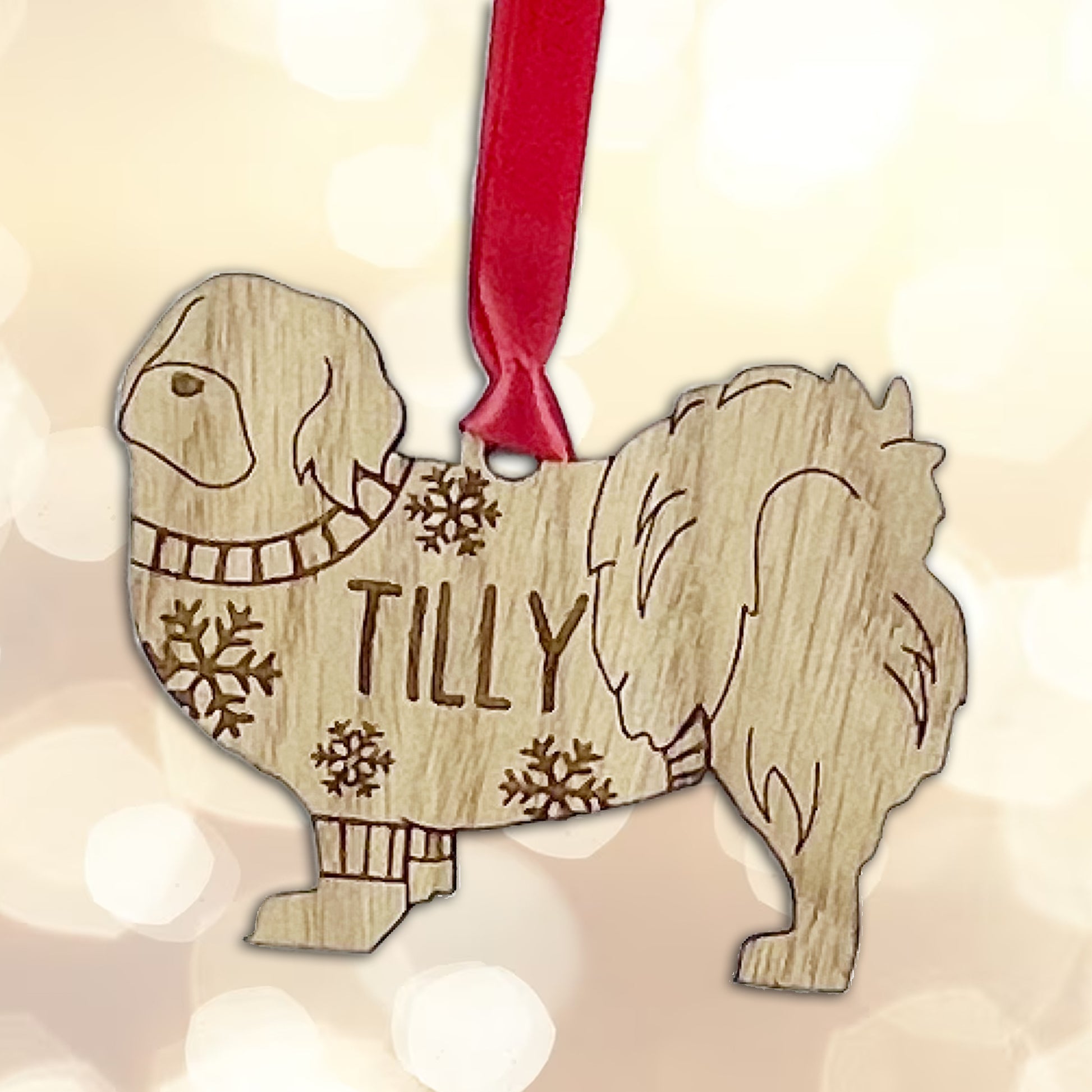 Personalised Tibetan Spaniel Bauble Jumper Dog Bauble - Oak Veneer Wood - Add any name