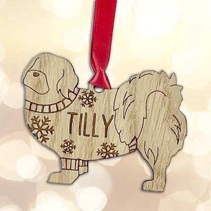 Personalised Tibetan Spaniel Bauble Jumper Dog Bauble - Oak Veneer Wood - Add any name