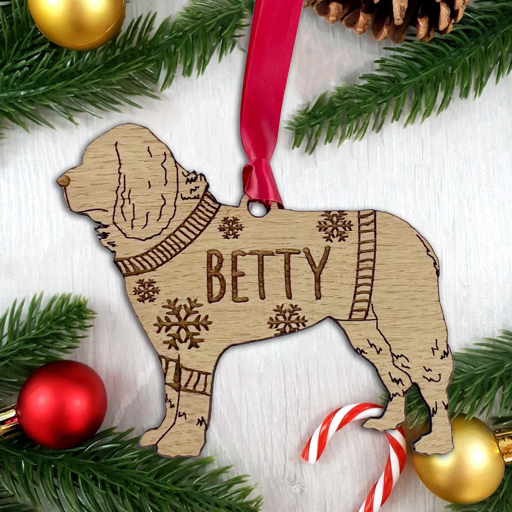 Personalised Newfoundland Bauble Jumper Dog Bauble - Oak Veneer Wood - Add any name