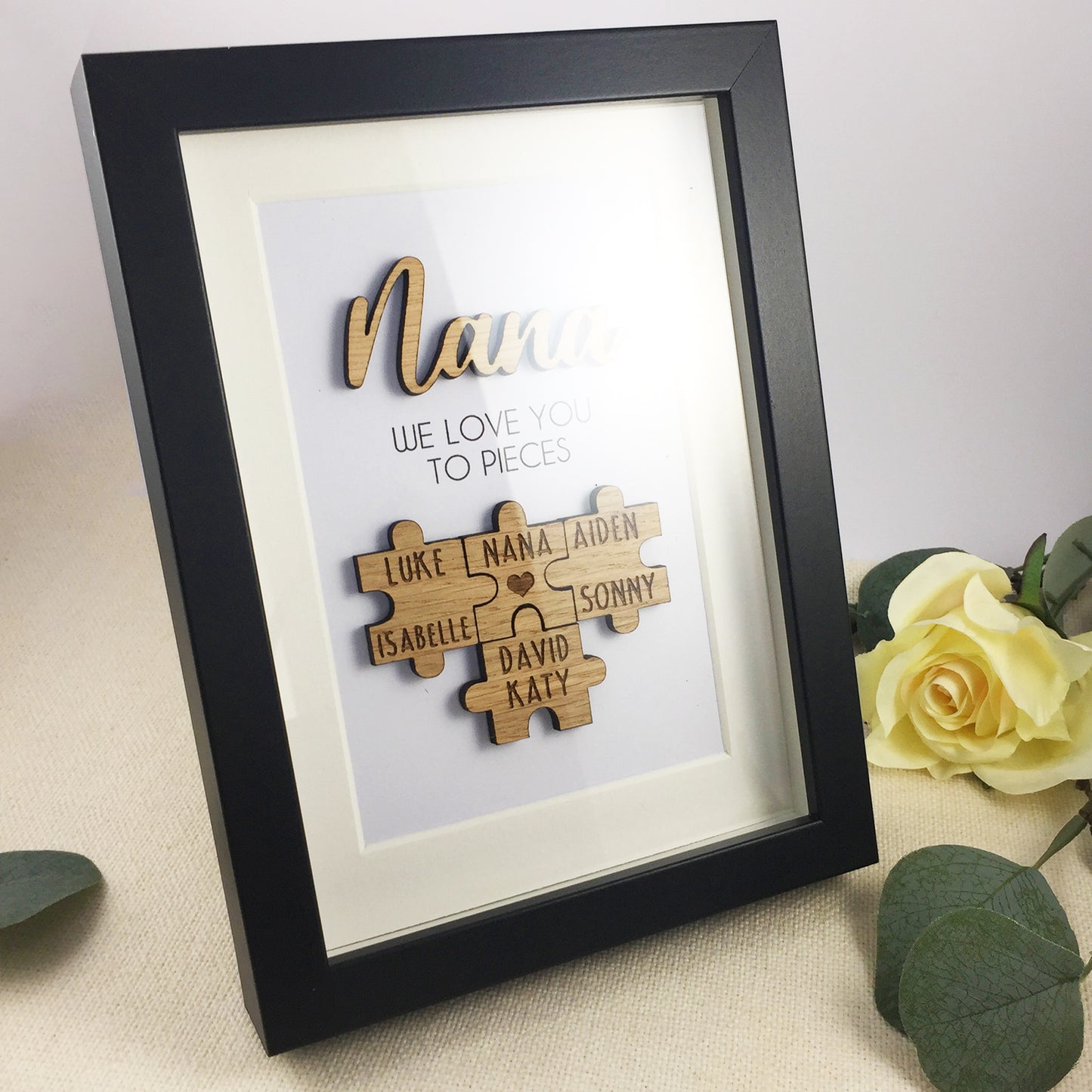 Personalised Grandma / Nana 'We Love You To Pieces' Wooden Mothers Day Christmas Birthday Puzzle Pieces Family Box Frame Add family names