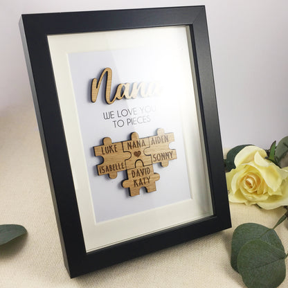 Personalised Grandma / Nana 'We Love You To Pieces' Wooden Mothers Day Christmas Birthday Puzzle Pieces Family Box Frame Add family names