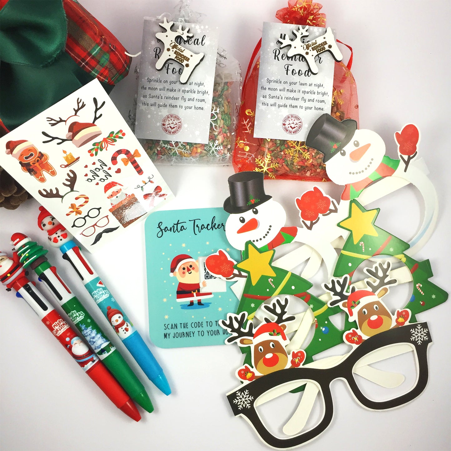Christmas Eve Activity Pack - Reindeer Food, Santa Tracker, Pen, Tattoos, Glasses Xmas for Kids