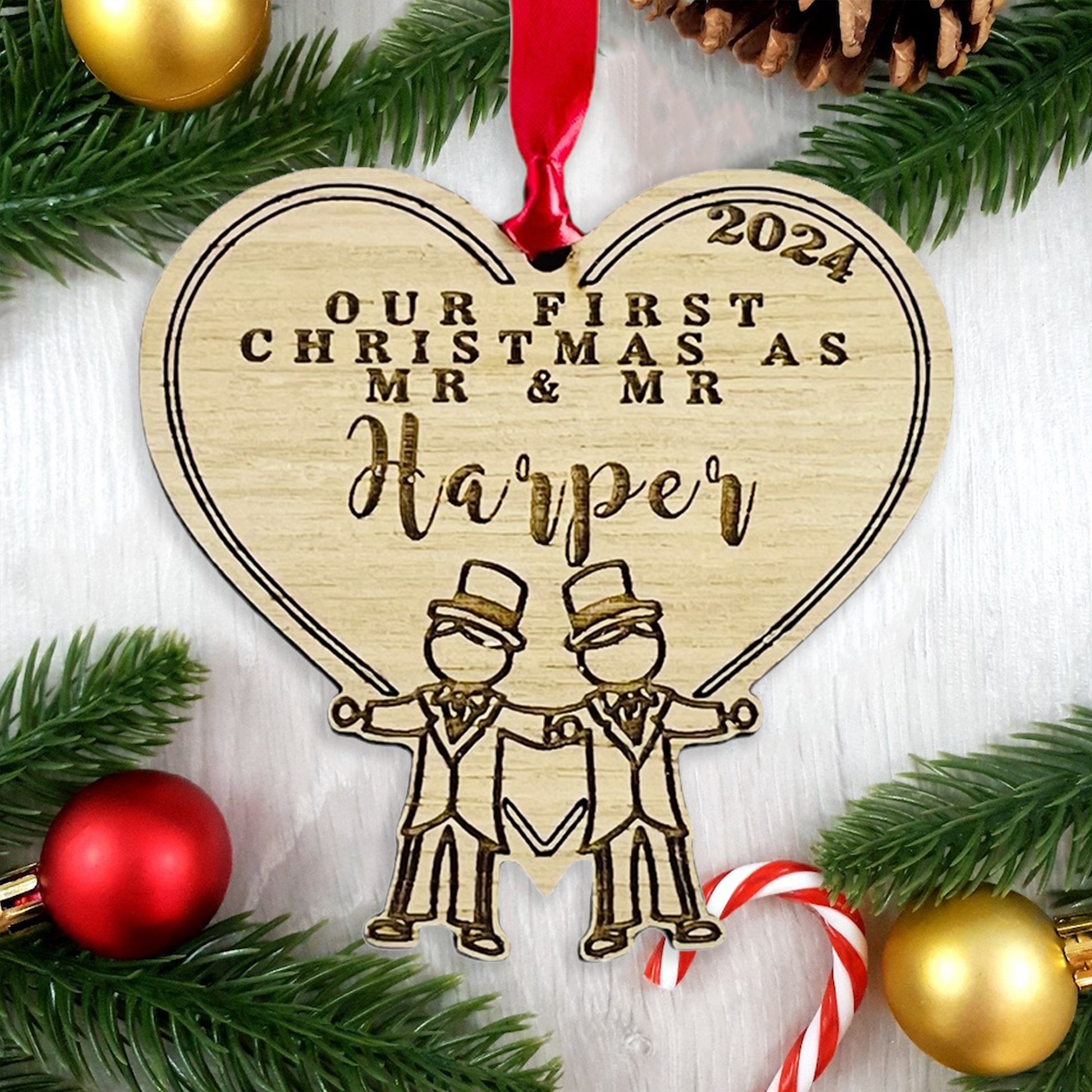 Personalised Wooden Stick Couple "Mr & Mr" Wedding Bauble