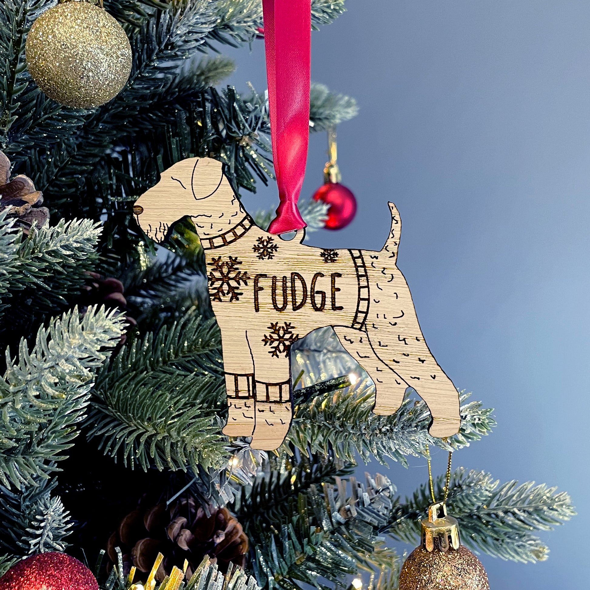 Personalised Airedale Terrier Bauble Jumper Dog Bauble - Oak Veneer Wood - Add any name