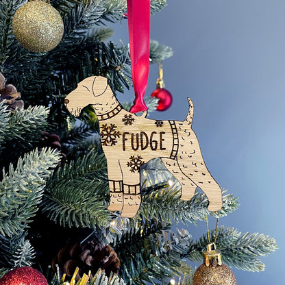 Personalised Airedale Terrier Bauble Jumper Dog Bauble - Oak Veneer Wood - Add any name