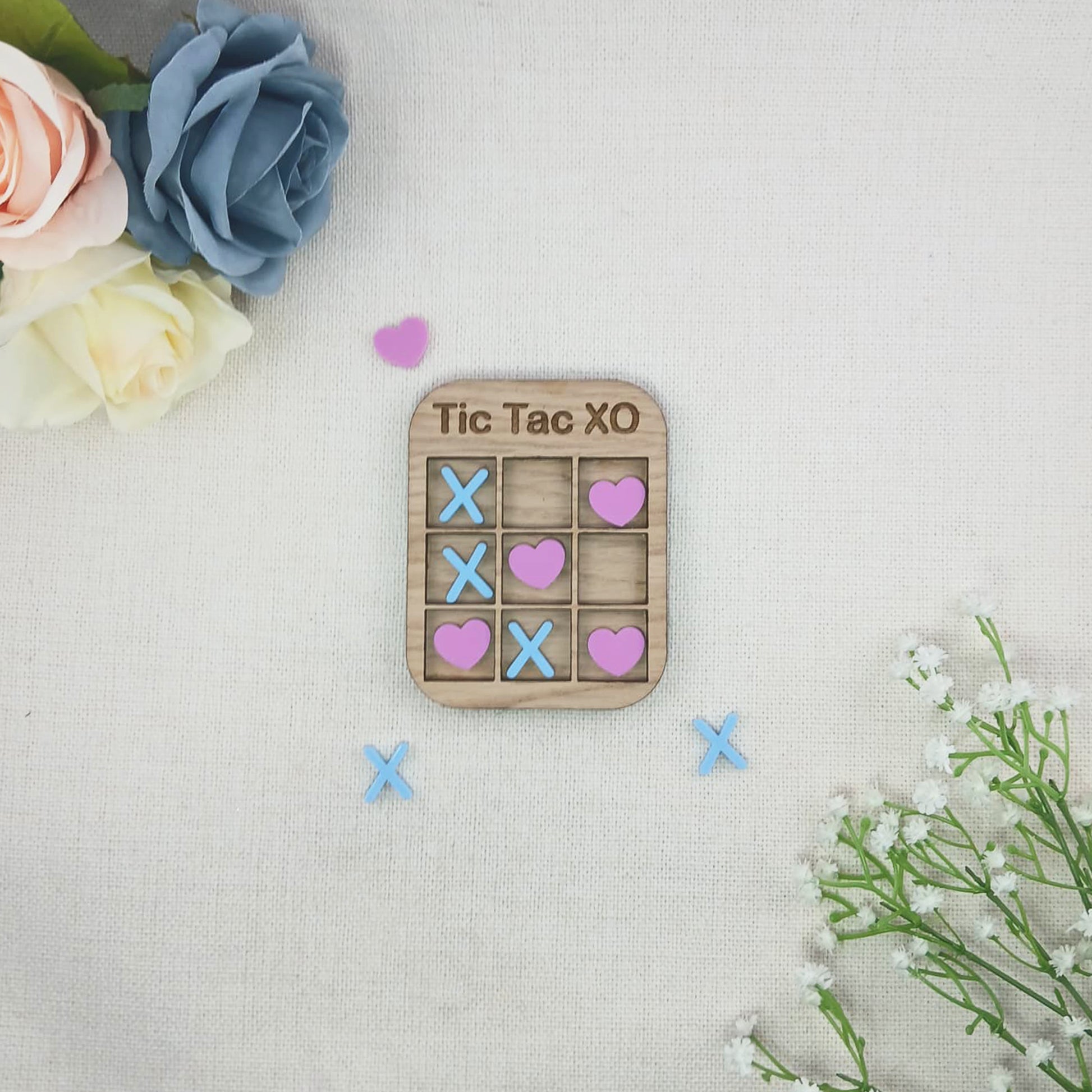 Tic Tac Toe Style Mini Board Game - Love Hearts and X's Valentine's Day Blue and Pink - Oak Wood and Acrylic - Anniversary - Birthday