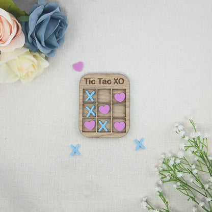 Tic Tac Toe Style Mini Board Game - Love Hearts and X's Valentine's Day Blue and Pink - Oak Wood and Acrylic - Anniversary - Birthday