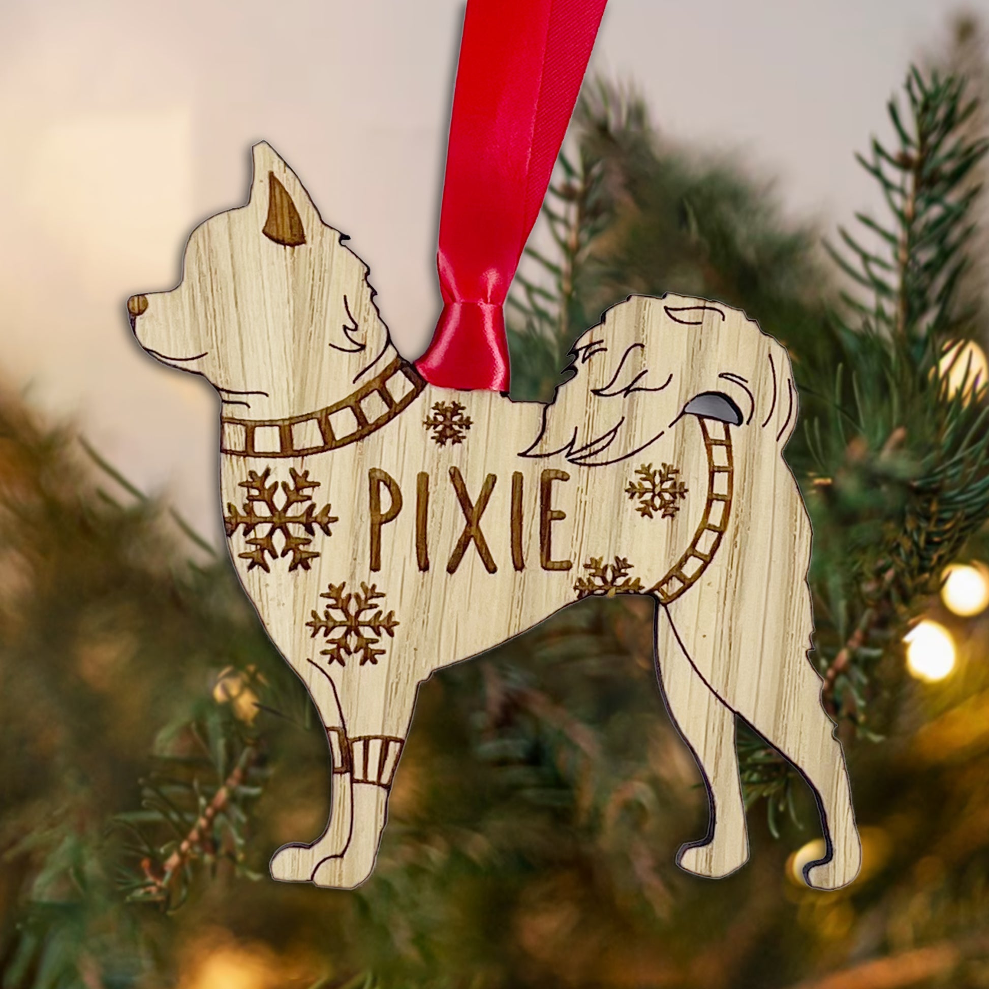 Personalised Chihuahua Bauble Jumper Dog Bauble - Oak Veneer Wood - Add any name