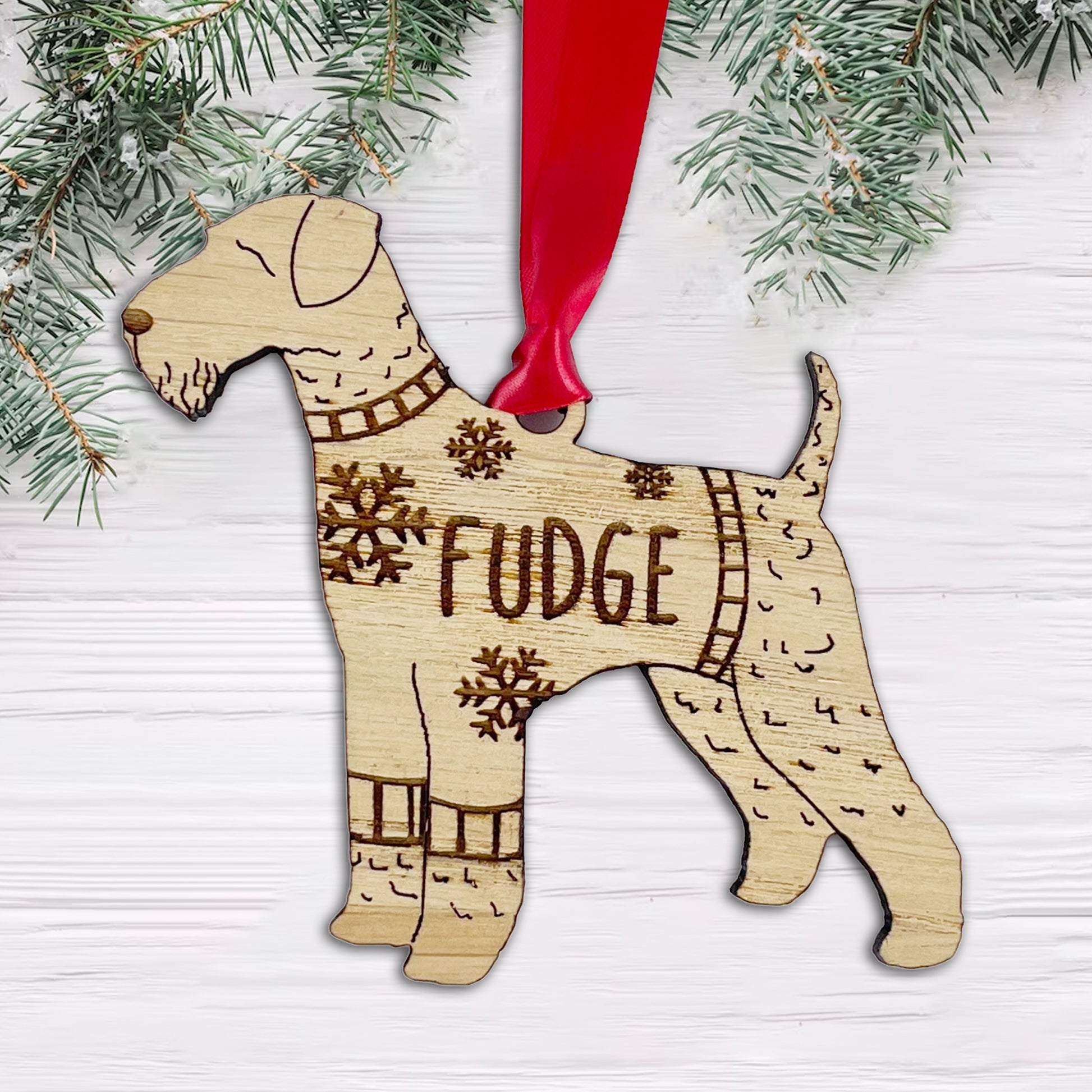 Personalised Airedale Terrier Bauble Jumper Dog Bauble - Oak Veneer Wood - Add any name