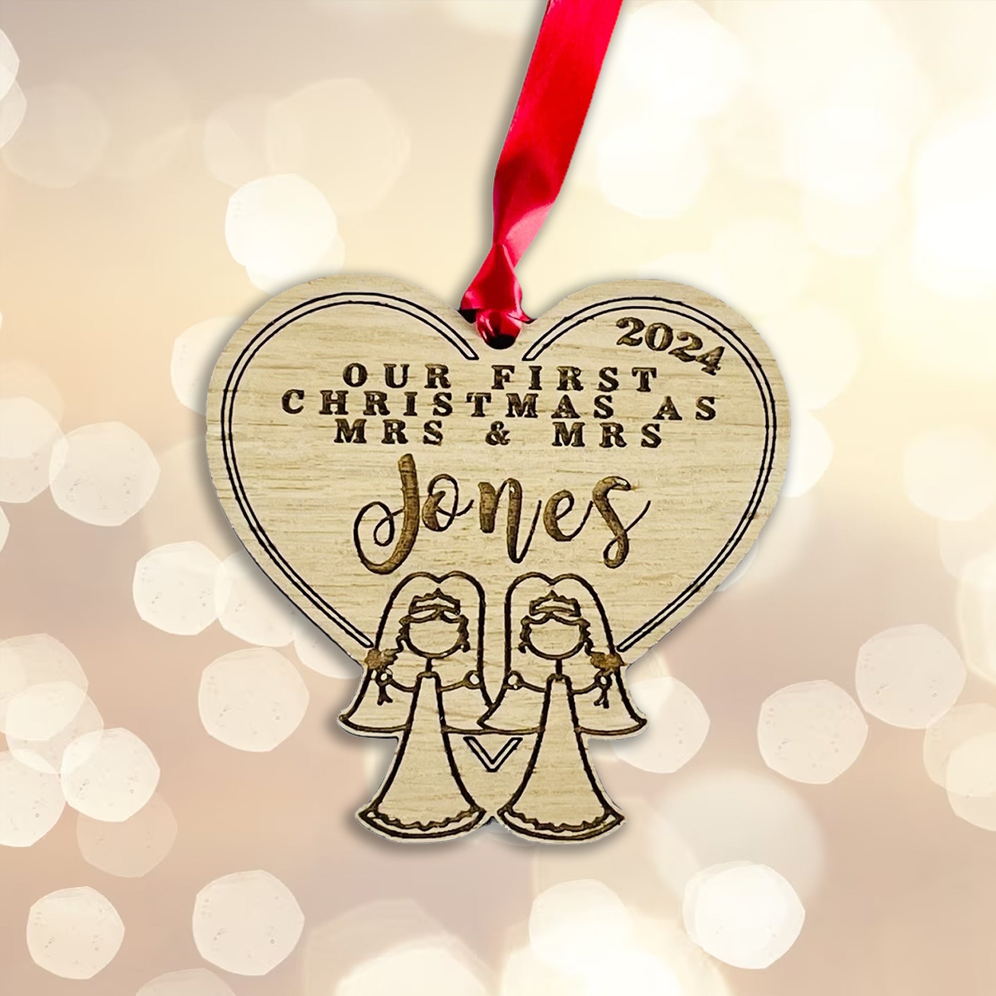 Personalised Wooden Stick Couple "Mrs & Mrs" Wedding Bauble