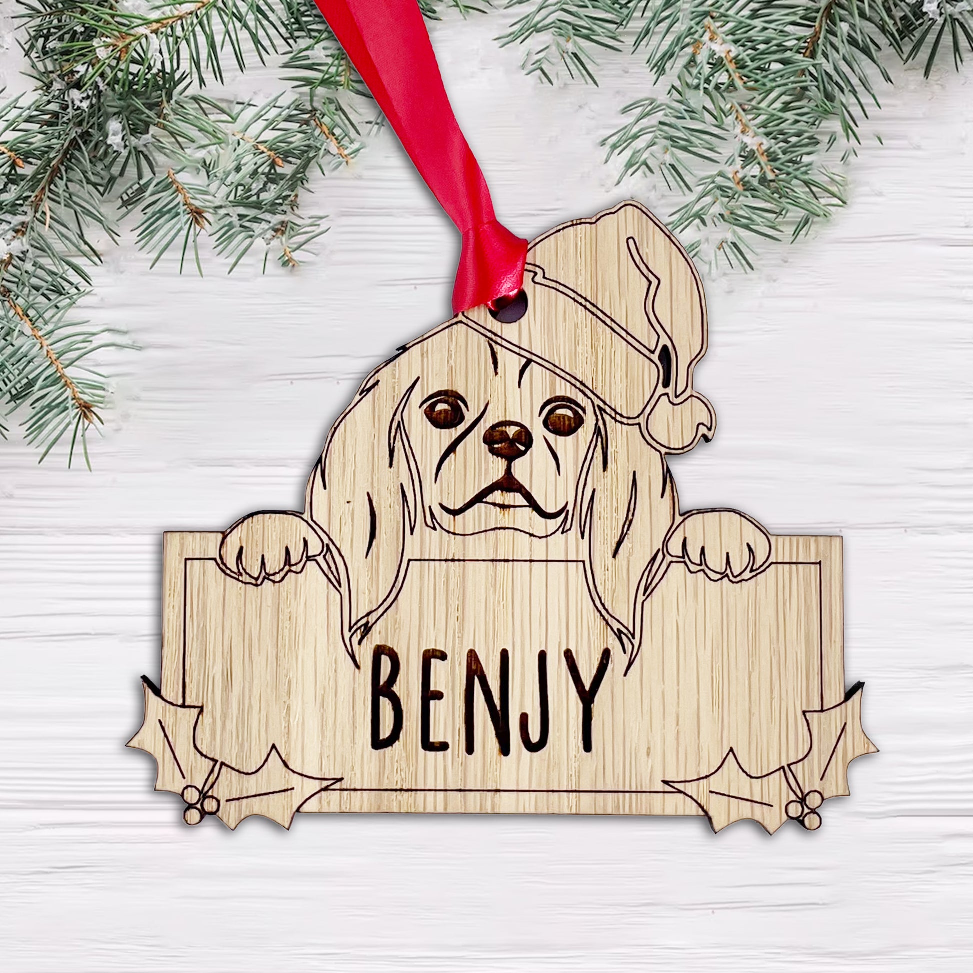 Personalised Cavalier King Charles Spaniel Dog Bauble - Peeking Dog - Oak Veneer Wood - Add your own name!