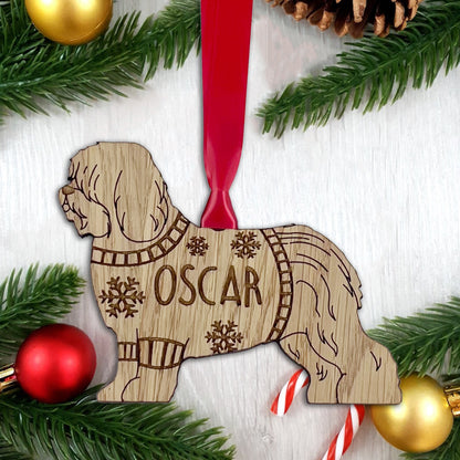 Personalised English Sheepdog Bauble Jumper Dog Bauble - Oak Veneer Wood - Add any name