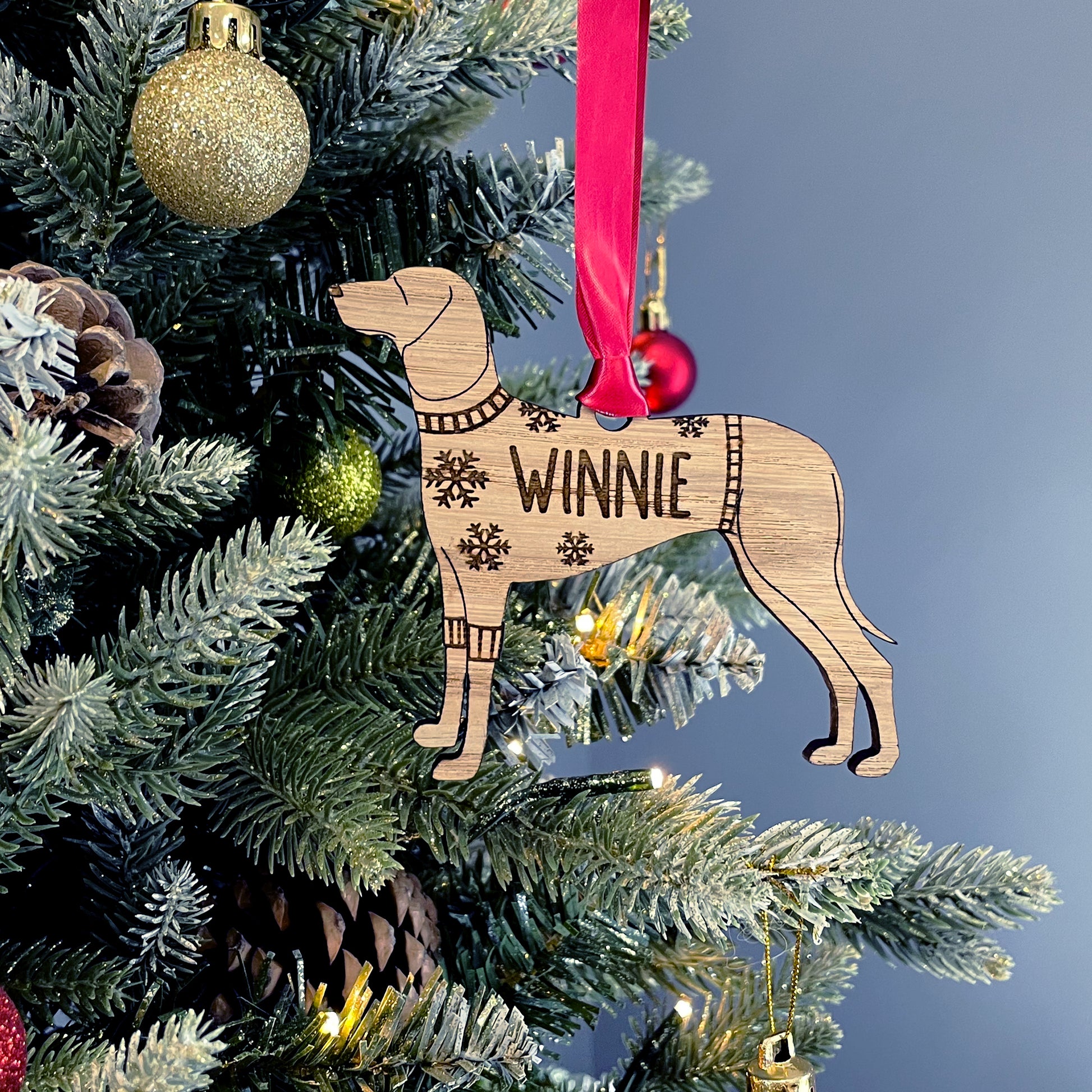 Personalised Weimaraner Bauble Jumper Dog Bauble - Oak Veneer Wood - Add any name